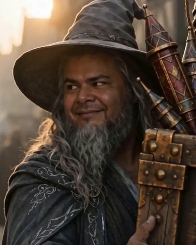 Aldrec the mage, grinning beside his crate of advertisement fireworks
