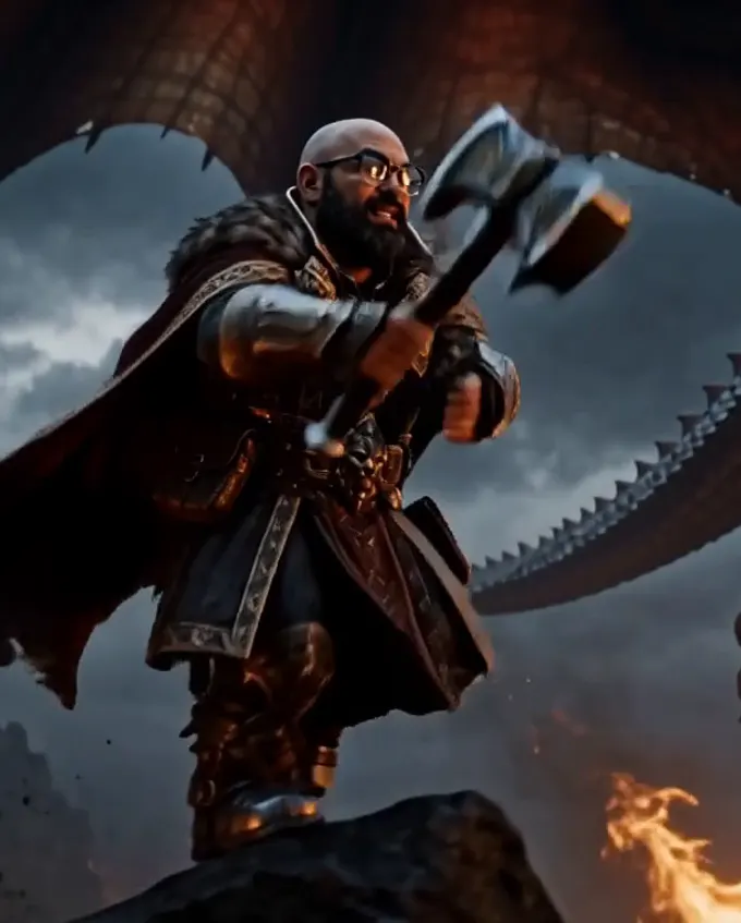 Borin the dwarf charging with his war-hammer, a dragon behind him