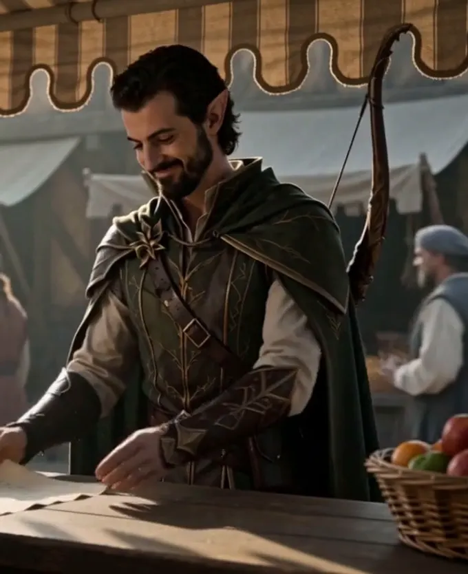 Bram the ranger at the market stall, smiling over correctly filed paperwork
