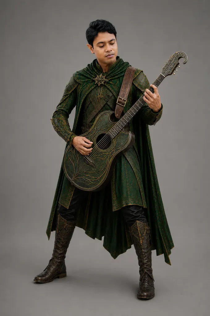 Crest the IT Ranger with his elven guitar, full casting plate in green and gold