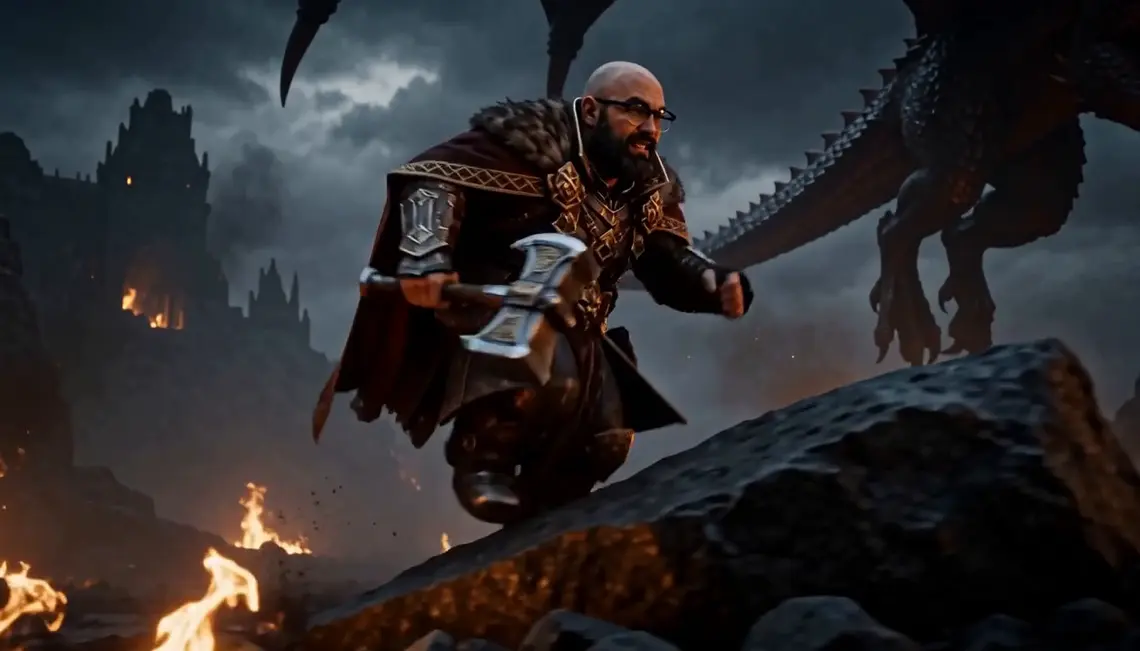 Borin leaps at a dragon, axe first