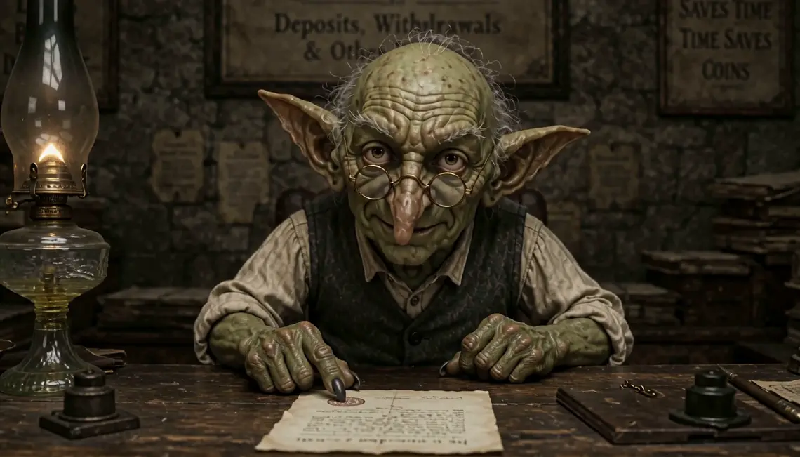 The goblin clerk reviews the loan application
