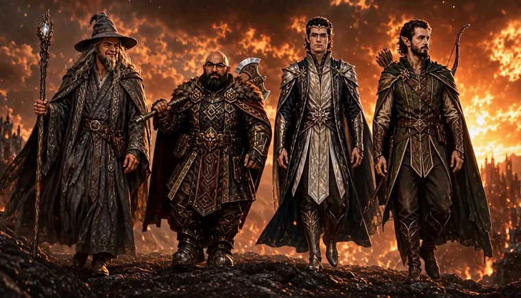 Four heroes walk out of a burning battlefield