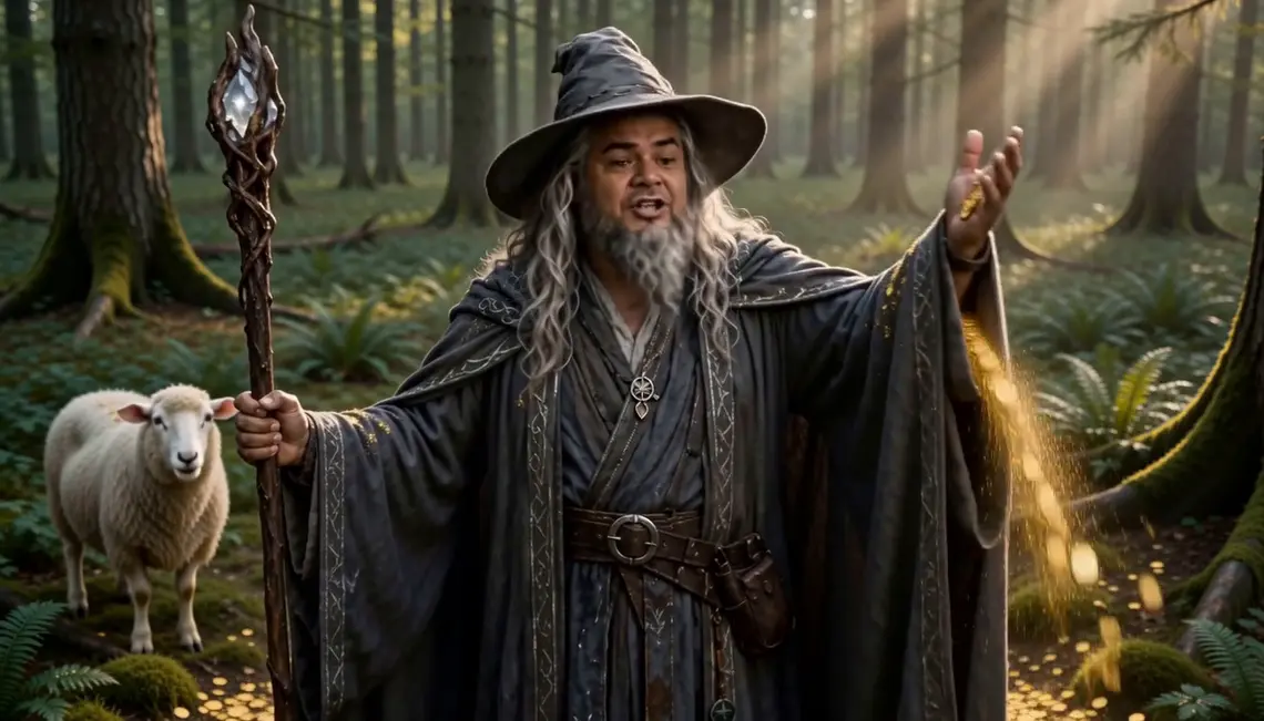 Aldrec casts in a forest clearing, the sheep watching beside him