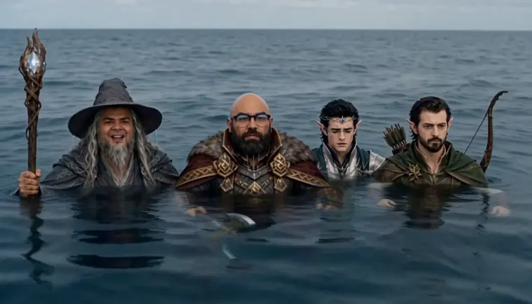 The party neck-deep in the ocean, mid-teleport mishap