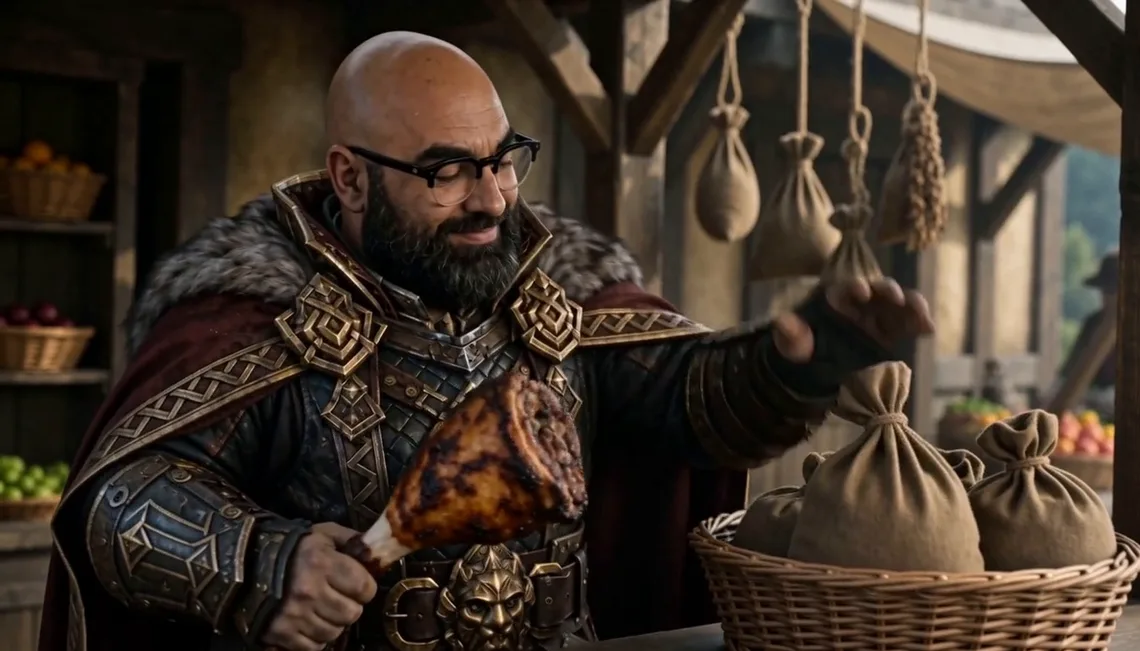 Borin, deeply satisfied, banking another sack of gold at the market stall