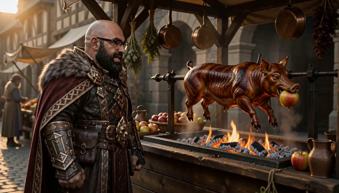 Borin stares down a rotisserie pig at the market
