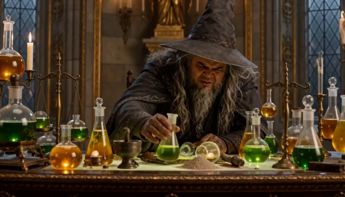 Aldrec brews among green flasks and scales