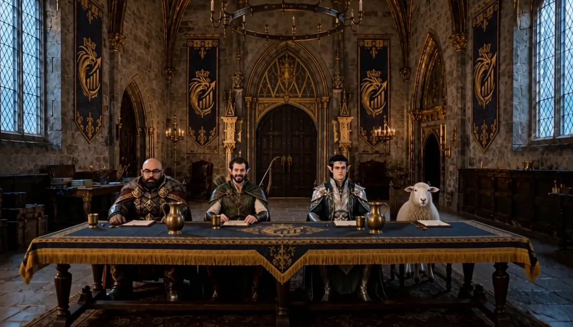 The party holds a hiring panel at a great hall table — the sheep has a seat on it