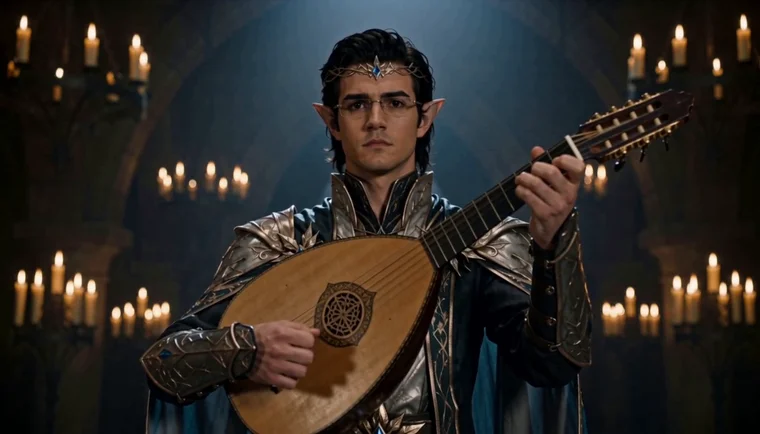 Faelor plays the elven lute, centre stage