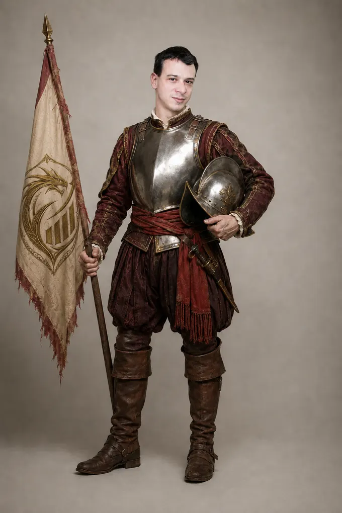 Fernán the FE Conquistador in breastplate and crimson sash, morion under one arm and a dragon banner at his side — casting plate
