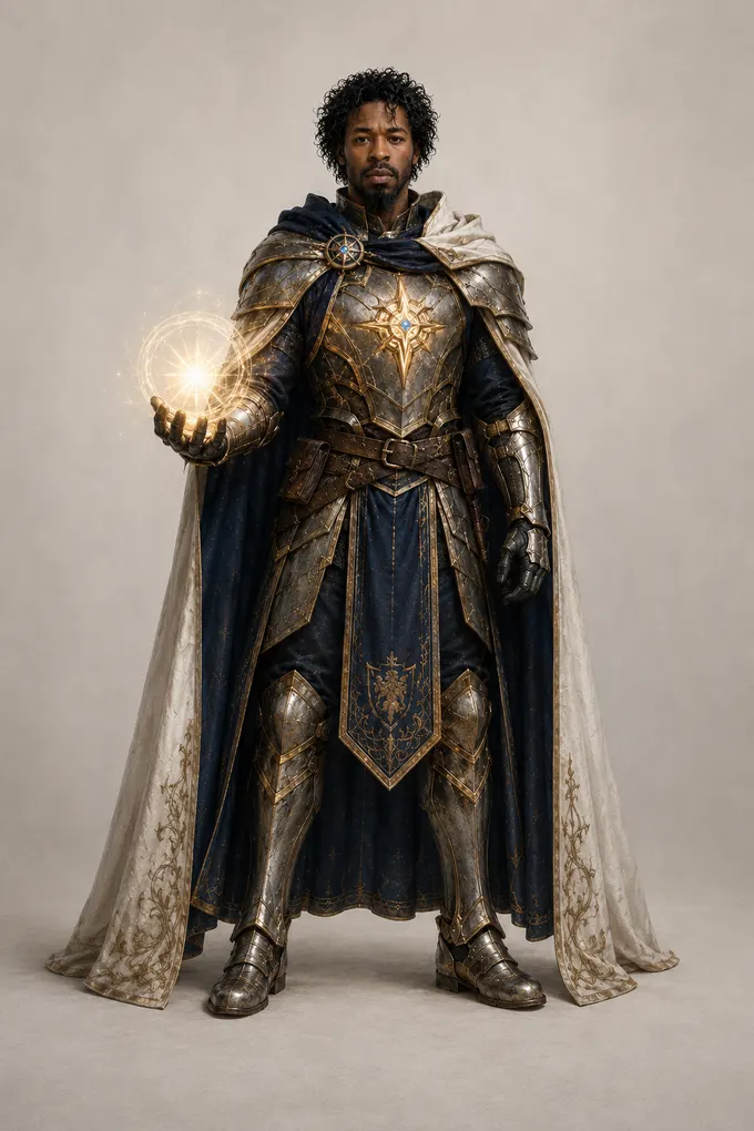 Lumen the AI Paladin in blue-and-gold plate, a radiant sigil glowing in his hand — casting plate